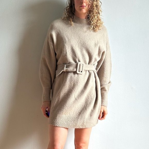 & Other Stories Dresses & Skirts - & Other Stories Tan Belted Knit Sweater Mini Dress